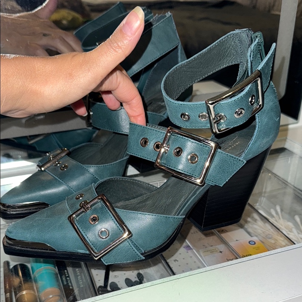 Free people Teal / silver Buckle Strap Heels